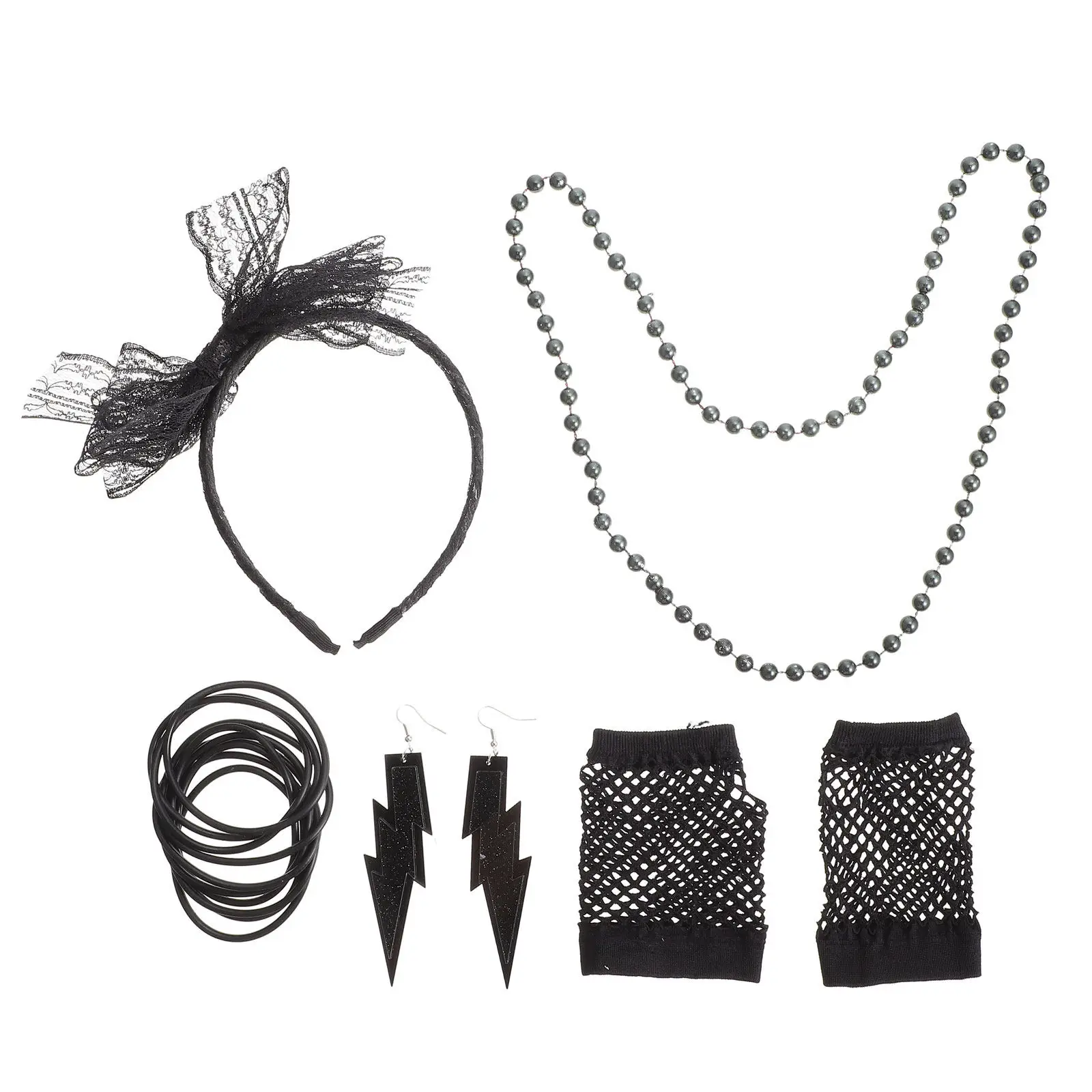 1Set Party Costume Neon Theme Dress Lace Hairband Gloves Net Gloves Stylish Necklace Party Supply Lace Hairband