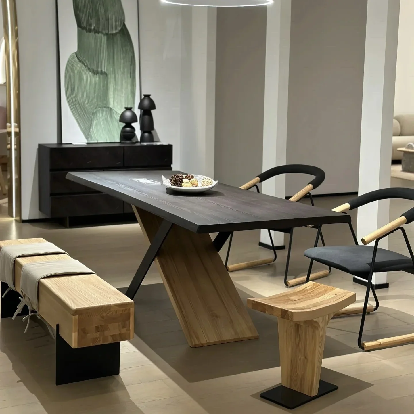 

A Japanese-style solid wood dining table and chair combination simple sense log ash wood living room large board tea table