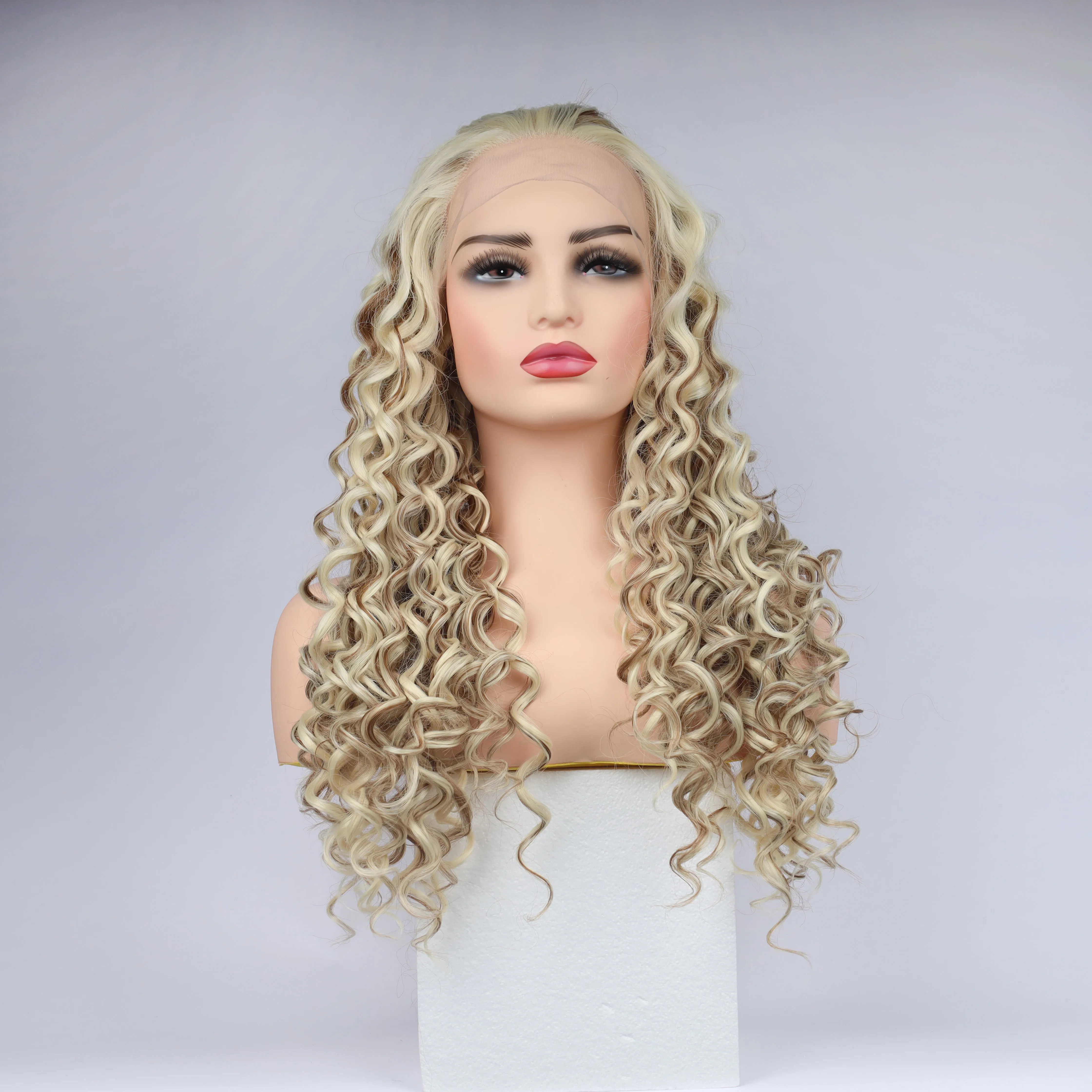 

Fashion Curly Wig Synthetic Lace Front Wigs White Gold Female Lace Wig 13X3 For Women Cosplay Hair Daily Use