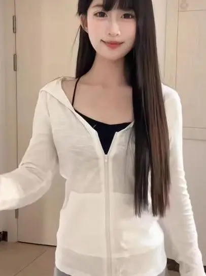 

Women's Miu Series Hooded Zipper Lightweight Long Sleeve T-Shirt Outerwear Cardigan Summer New Style Casual Loose Fit Sunscreen