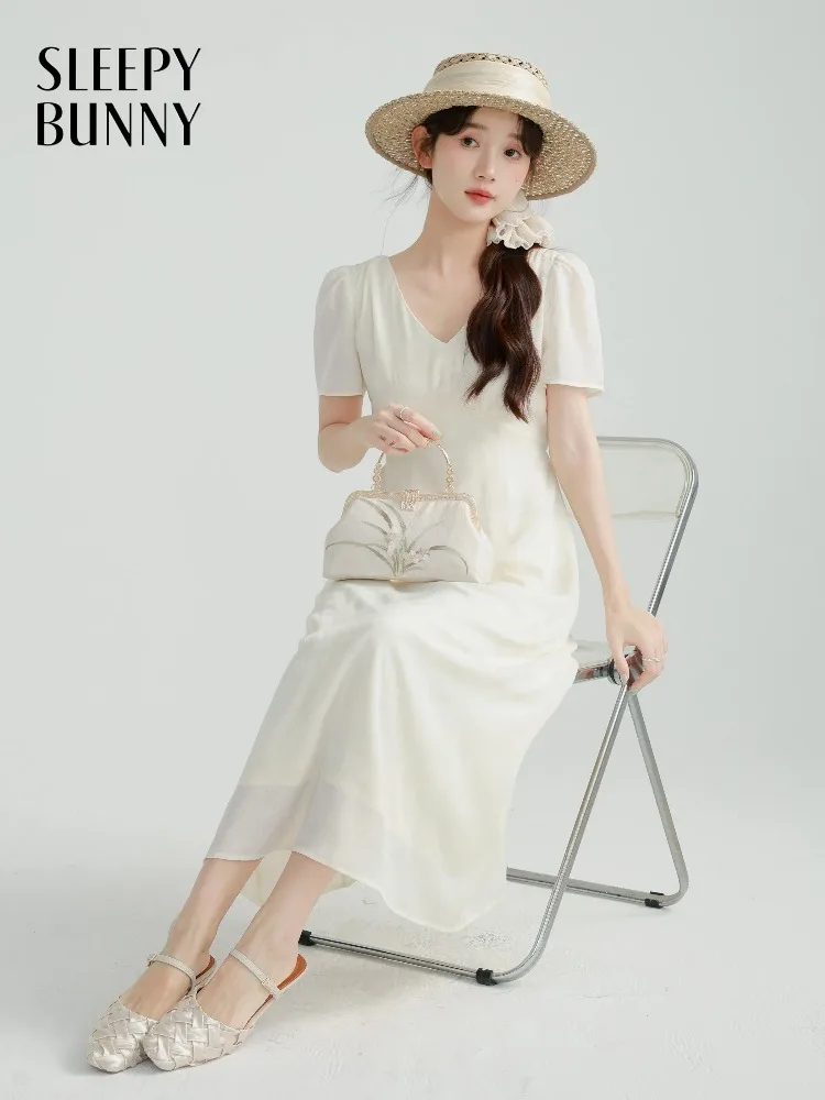 

Elegant Satin Jacquard Dress V Neck Long Dress Short Sleeve High Waist Slim Fit A Line Midi Gown Women Casual Party Evening Wear