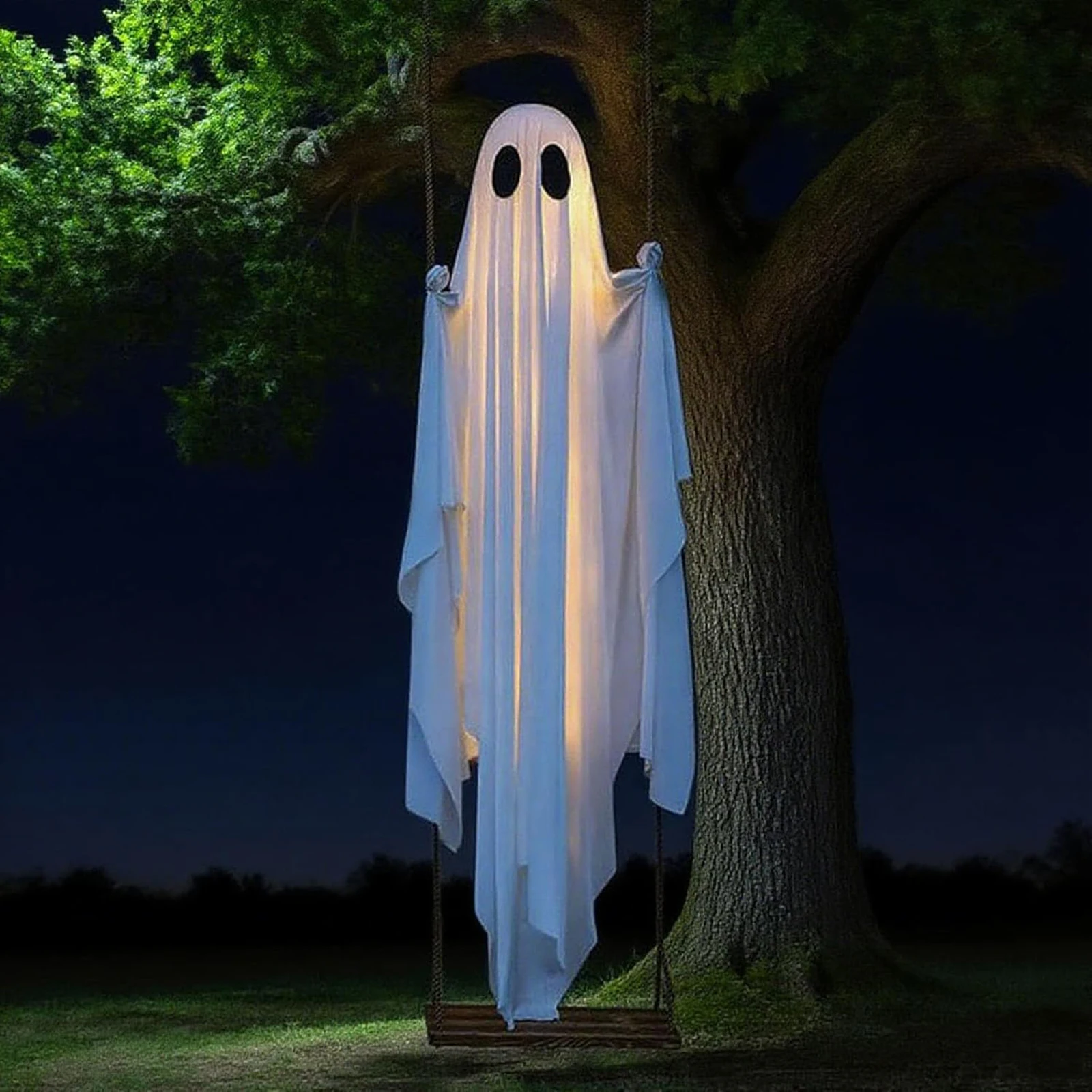 6FT Large Hanging Swing Ghost Halloween Decoration Cute White Ghost with String Light Spooky Ghost Ornament for Porch Yard Trees view 3
