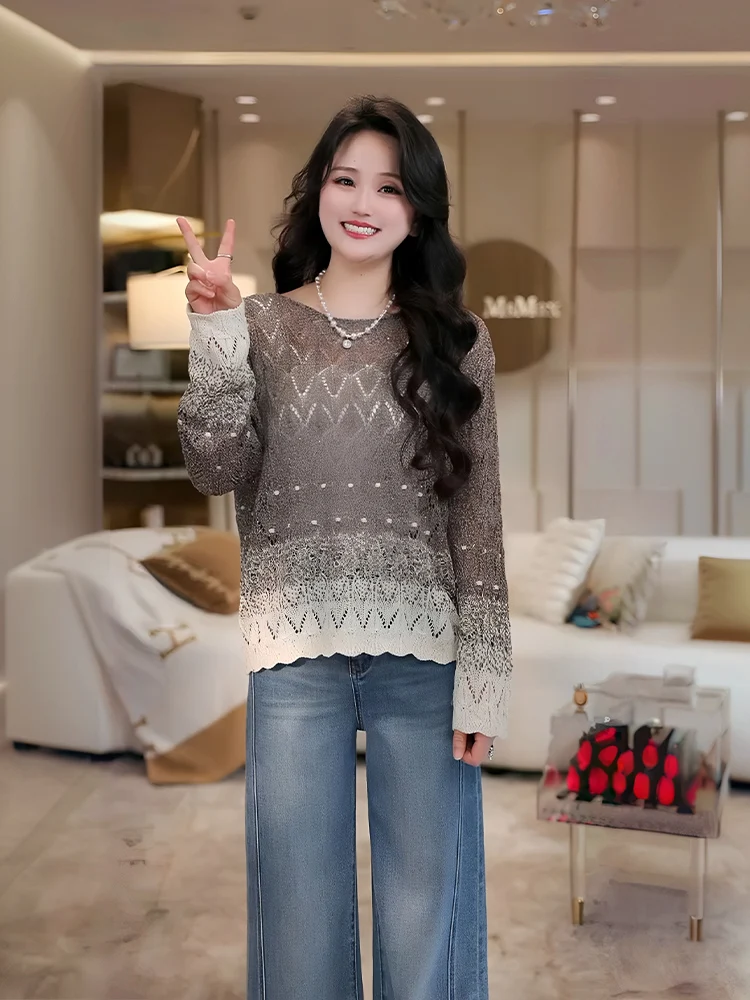 

Gradient Color Knitted Linen Top round Neck Hollow out Spring Style Women's Casual Loose Fit Long Sleeve Knitwear