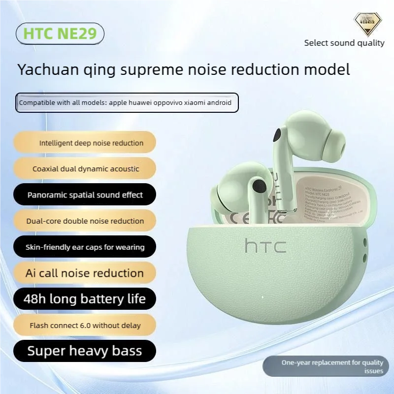 HTC NE29 AI Translation  Bluetooth 6.0 Noise Cancelling IPX4 Waterproof 22H Playtime In-Ear Comfort Gaming Low Latency