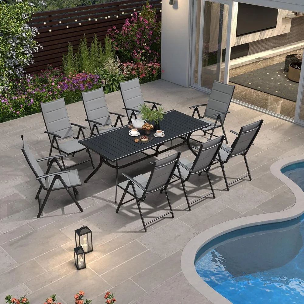 9 Pieces Patio Dining Tbale Set, with 8 Folding Portable High Back Reclining Chairs and Rectangle Table, Dining Tables Sets