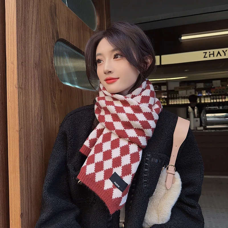 

Японский ретро клетчатый вязаный шарф женский зимний утолщенный теплый корейский стиль студенческий универсальный шерстяной утеплитель для шеи Tre
