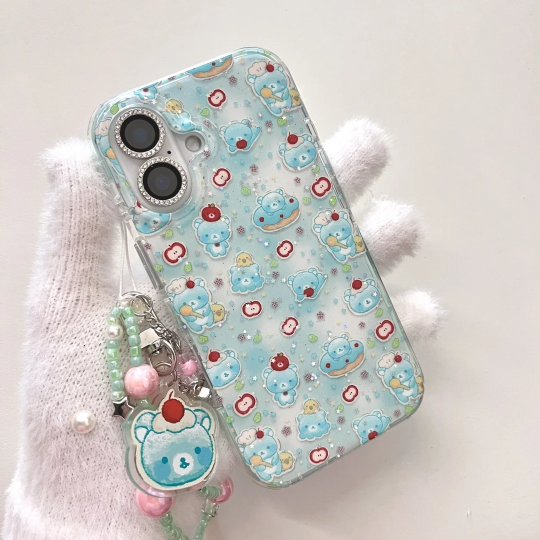 

Flower Bear Wrist Chain Lanyard Phone Case For iPhone 16 Pro Max 12 13 14 15 16 Pro Max XR XS Max Cases Cover