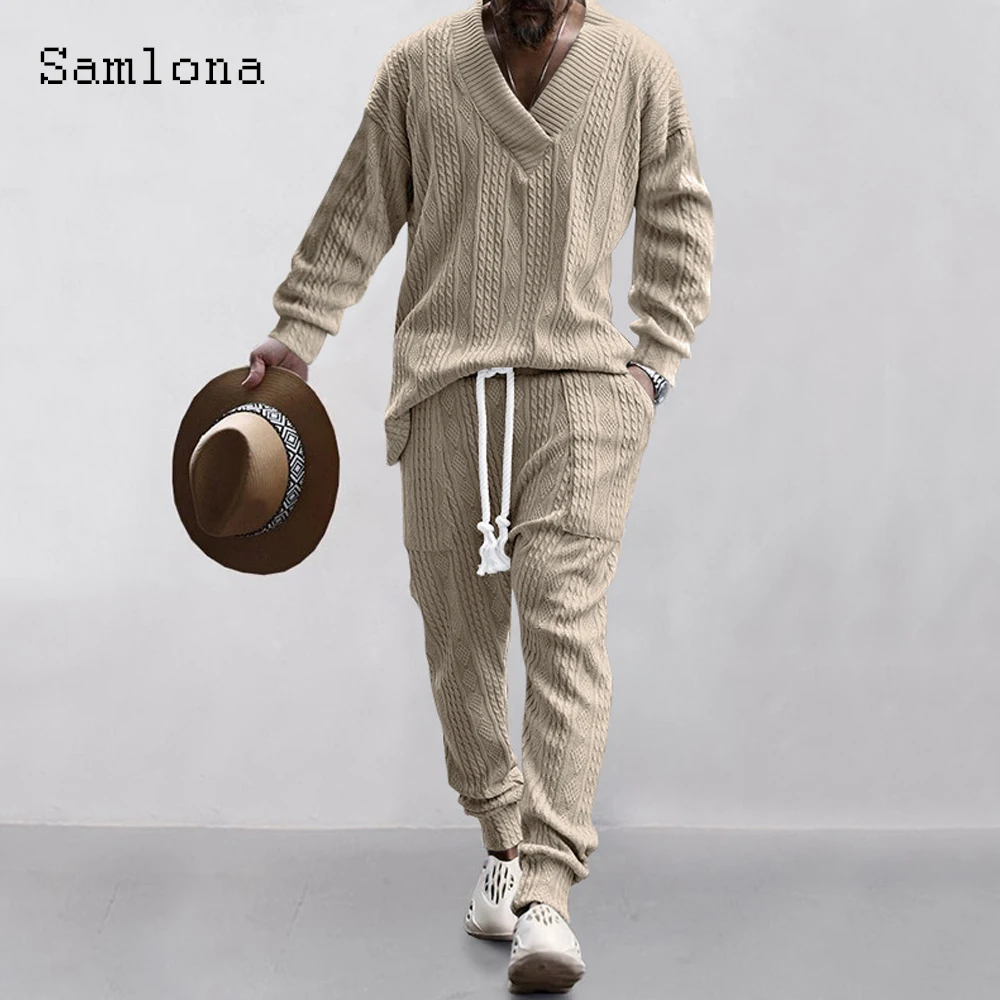 Mens Casual Knitting Two Piece Sets 2023 New Winter Fashion Irregular Top Sweater and Solid White Sweatpants Male Tracksuits Set