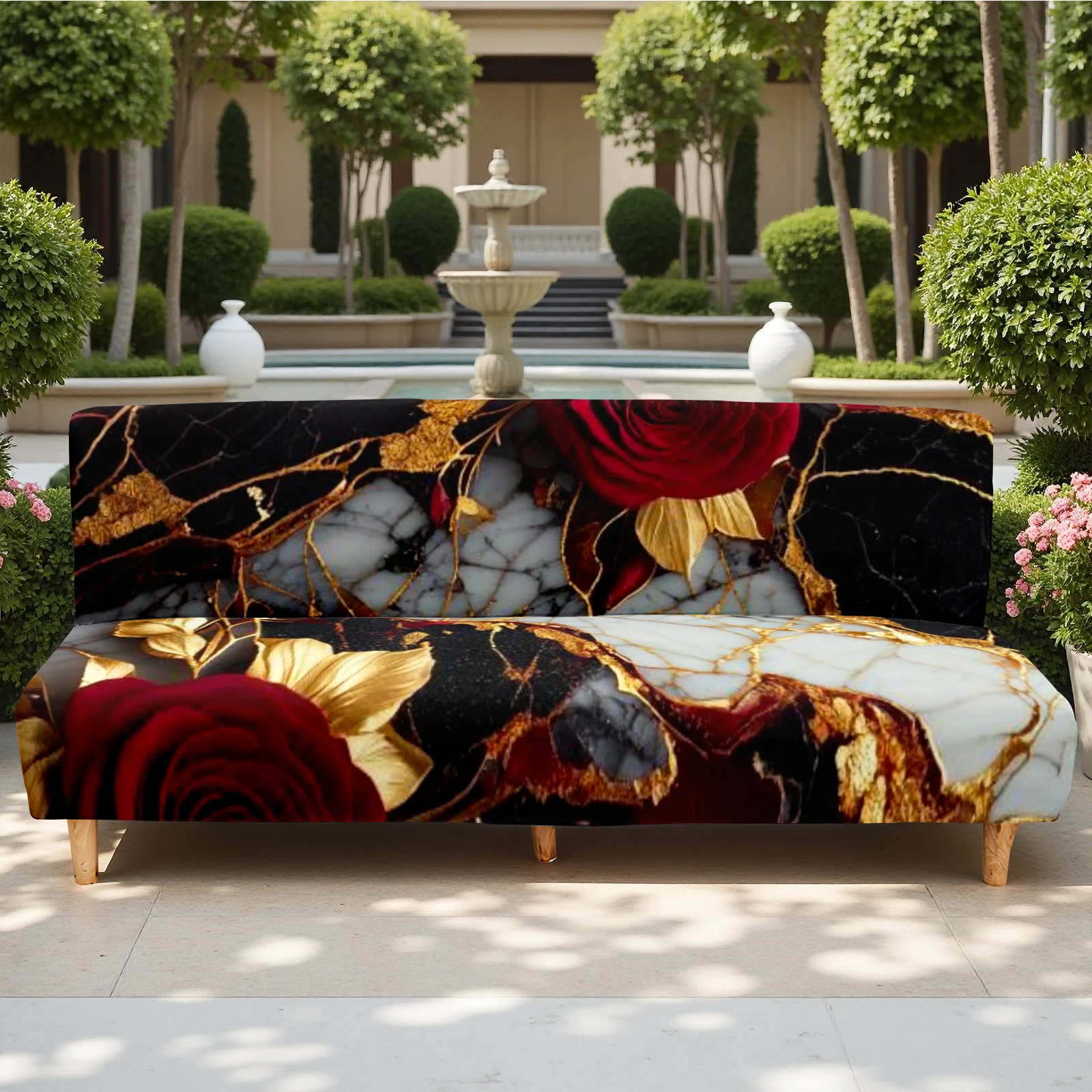 Luxury Marble & Rose Print Summer Outdoor Sofa Bed Cover, Elastic Milk Silk Couch Cover, Washable & Non -