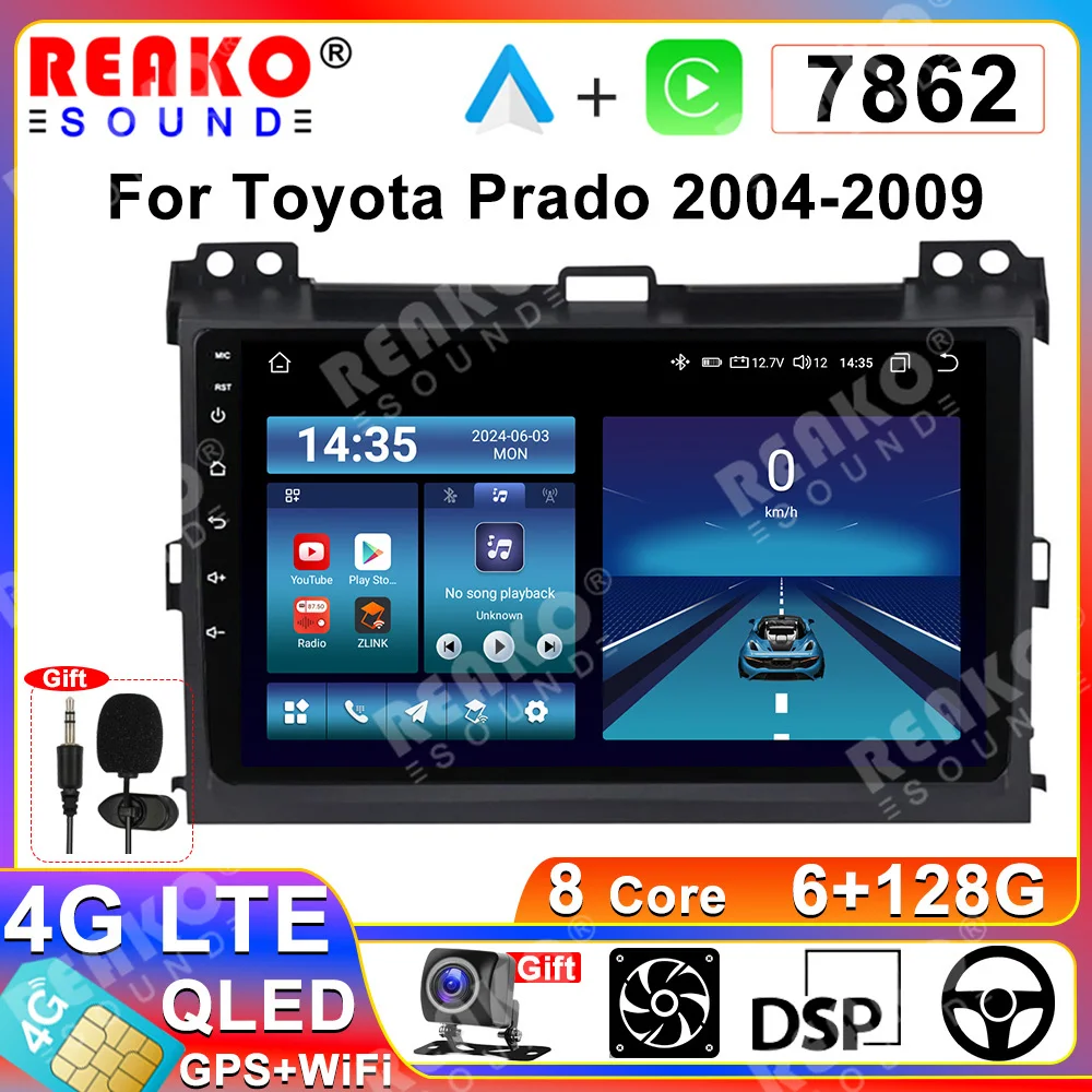 REAKOSOUND Android 13 Radio 2 din Stereo For Toyota Land Cruiser Prado 2004-2009 GPS Navigation Wireless CarPlay Android Auto 4G