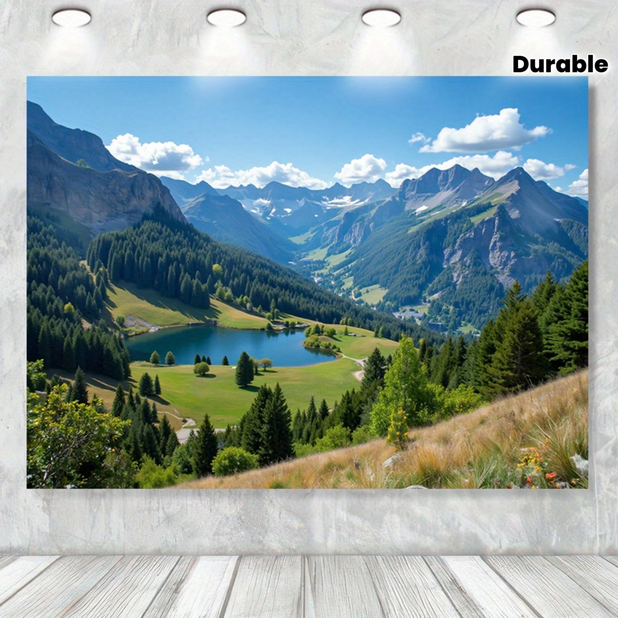 1 tela de fondo grande de poliéster con vista al lago alpino: con picos de nieve, bosques y lagos, para decoración del hogar.