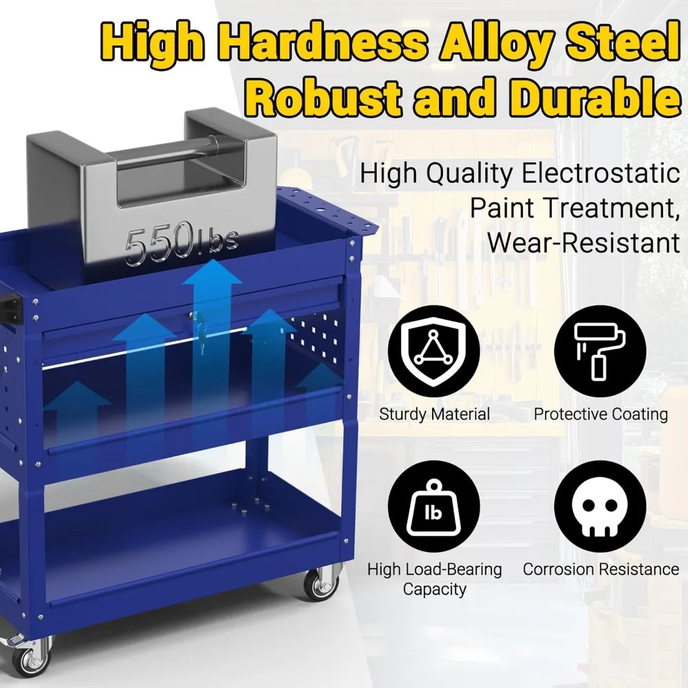 Carro de herramientas con ruedas de 3 niveles de alta resistencia con capacidad de 550 libras, cajones, tablero perforado y ganchos para uso mecánico y de utilidad