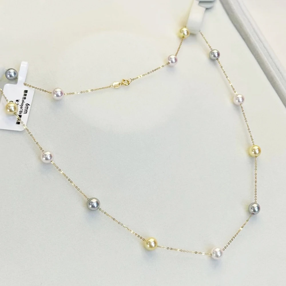 Starry Sky 6-7mm Real Seawater Akoya Pearl Necklace Gift White Silver Blue Yellow Gold Three Candy Colours with 18K Gold O Chain