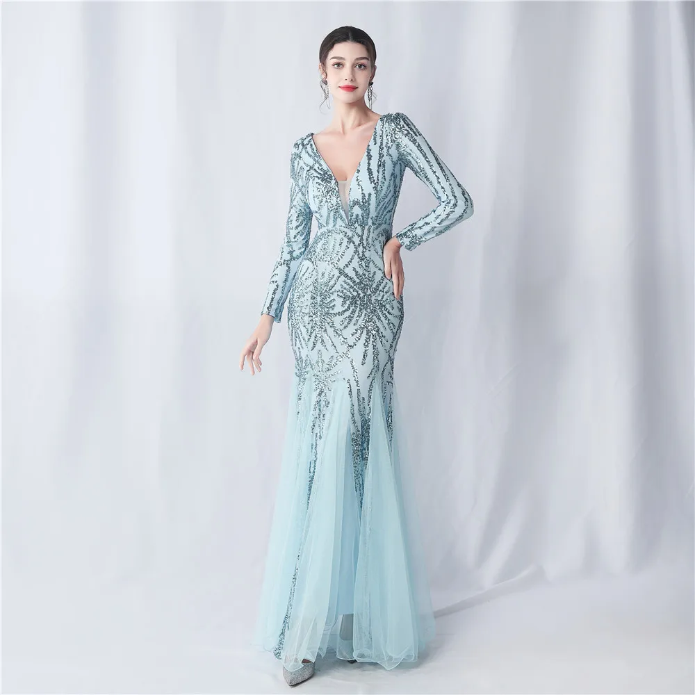 DEERVEADO Elegant Long Sleeves Women\'s Evening Dress Mermaid V Neck Sequin Party Maxi Dress Special Occasion Dress Gala