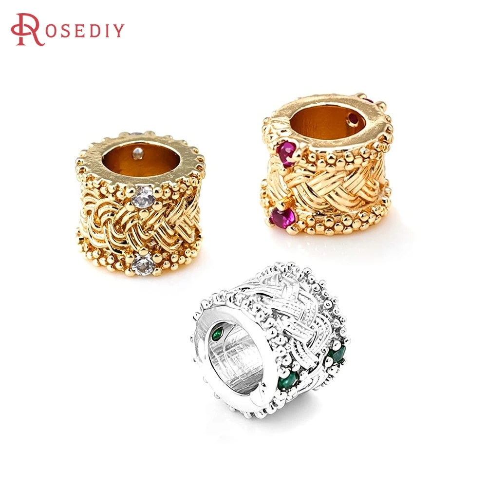 6PCS 18K Gold Color Brass Zircon Large Hole Cylinder Spacer Beads Bracelets High Quality Diy Necklace Earrings Jewelry Making