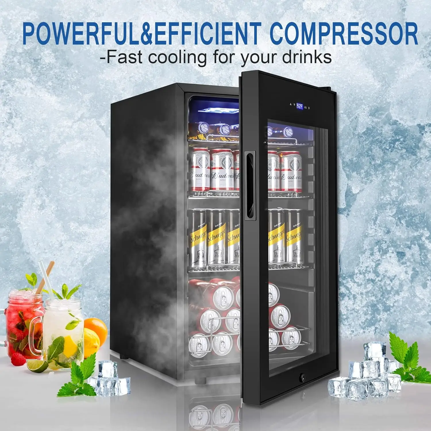 Beverage Refrigerator and Cooler Freestanding,96 Cans Mini Fridge with glass door and Lock,Small Drink Fridge for Soda,Beer,Wine