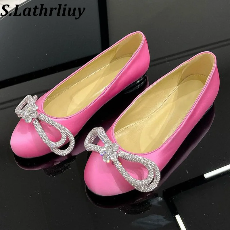 

Round Toe Silk Satin Shiny Crystal Bow Flat Shoes Women Shallow Mouth Sweet Lazy Loafers Spring Autumn Leisure Vacation Shoes