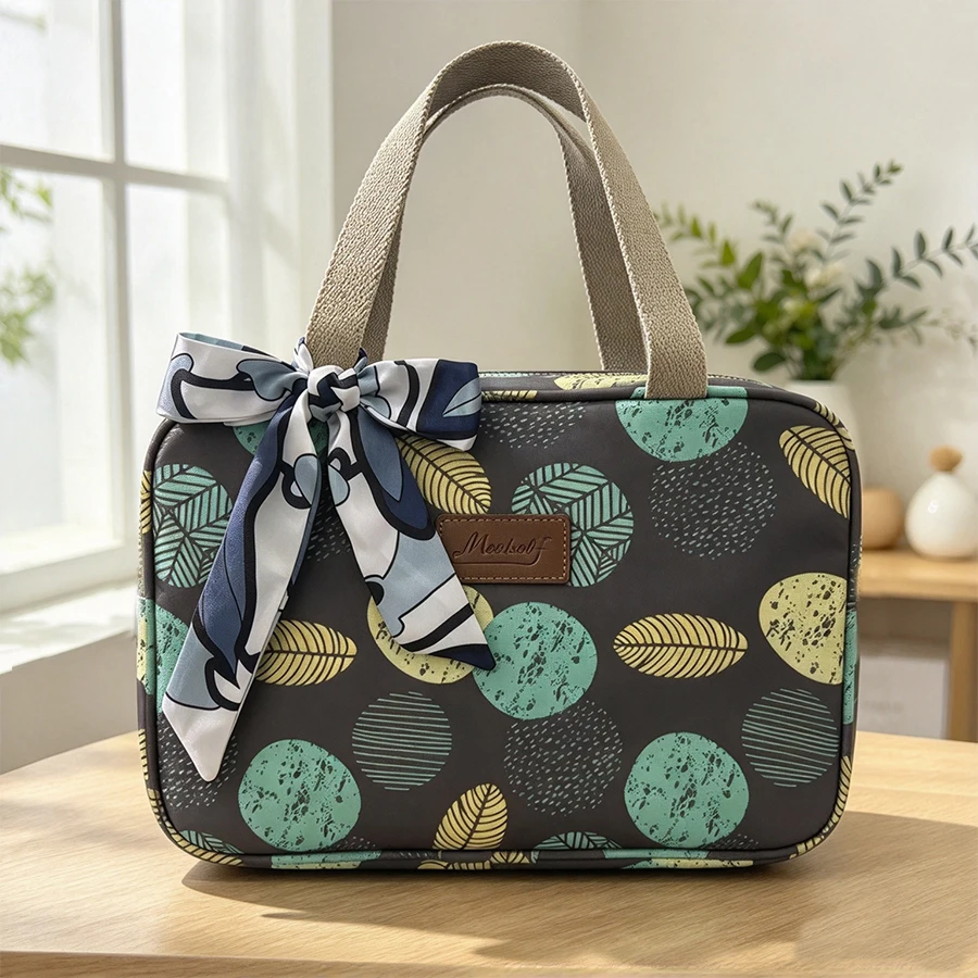 Women's Waterproof Ribbon Makeup Bag; Portable Travel Makeup Organizer Bag; Multi-pocket Toiletries Storage Bag