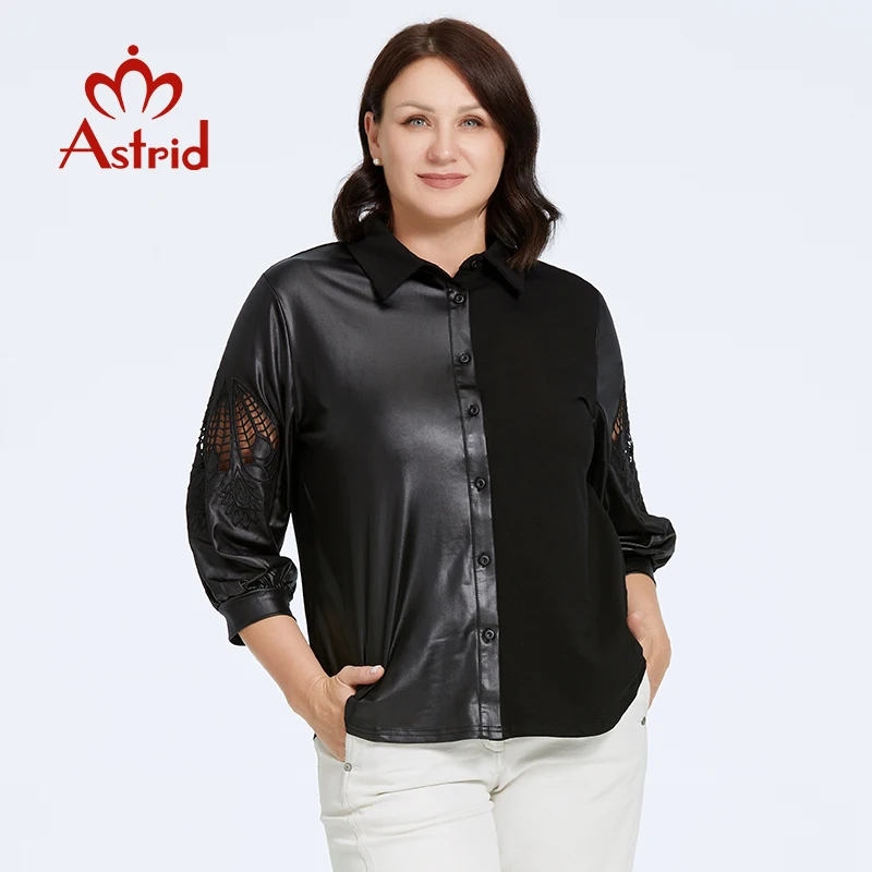 Astrid Women\'s Shirt 2023 Long Sleeve Cut Out Plus Size Pu Leather Top Woman Clothes Fashion Stitching Design Female Tee Shirt