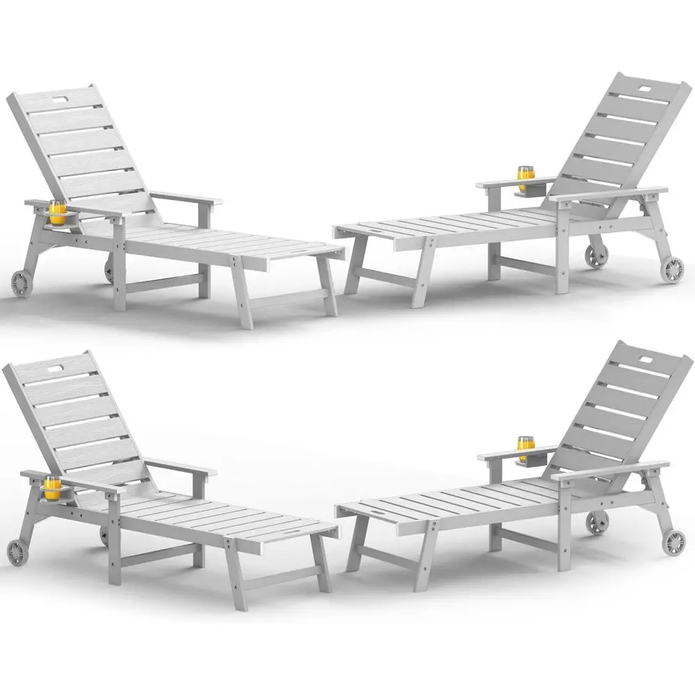 

Lounge Chair Outdoor Set o 4: with 5-Level Adjustable Backrest, Cup Holders & Wheels, All-Weather ResiChaise Lounge or Outside/P
