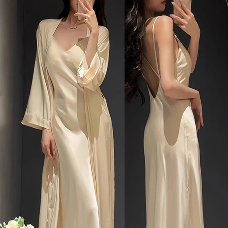 

Silky Satin Bride Wedding Robe&gown Set Sexy Cross Backless Nightgown Bathrobe Pajamas New Women's Lingerie Sleepwear Homewear