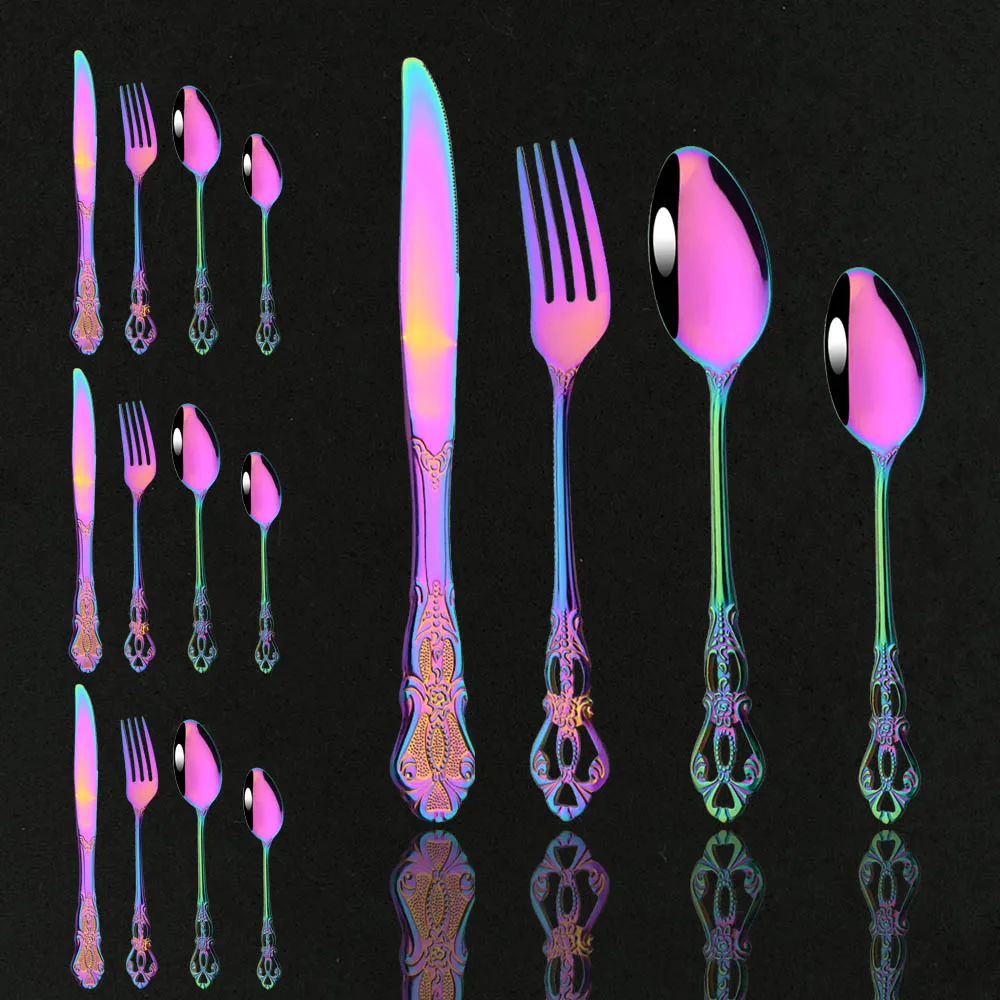 

Western Luxury Vintage Dinnerware Set Stainless Steel 16pcs Knife Fork Spoon Cutlery Set Royal Tableware Mirror Rainbow Flatware