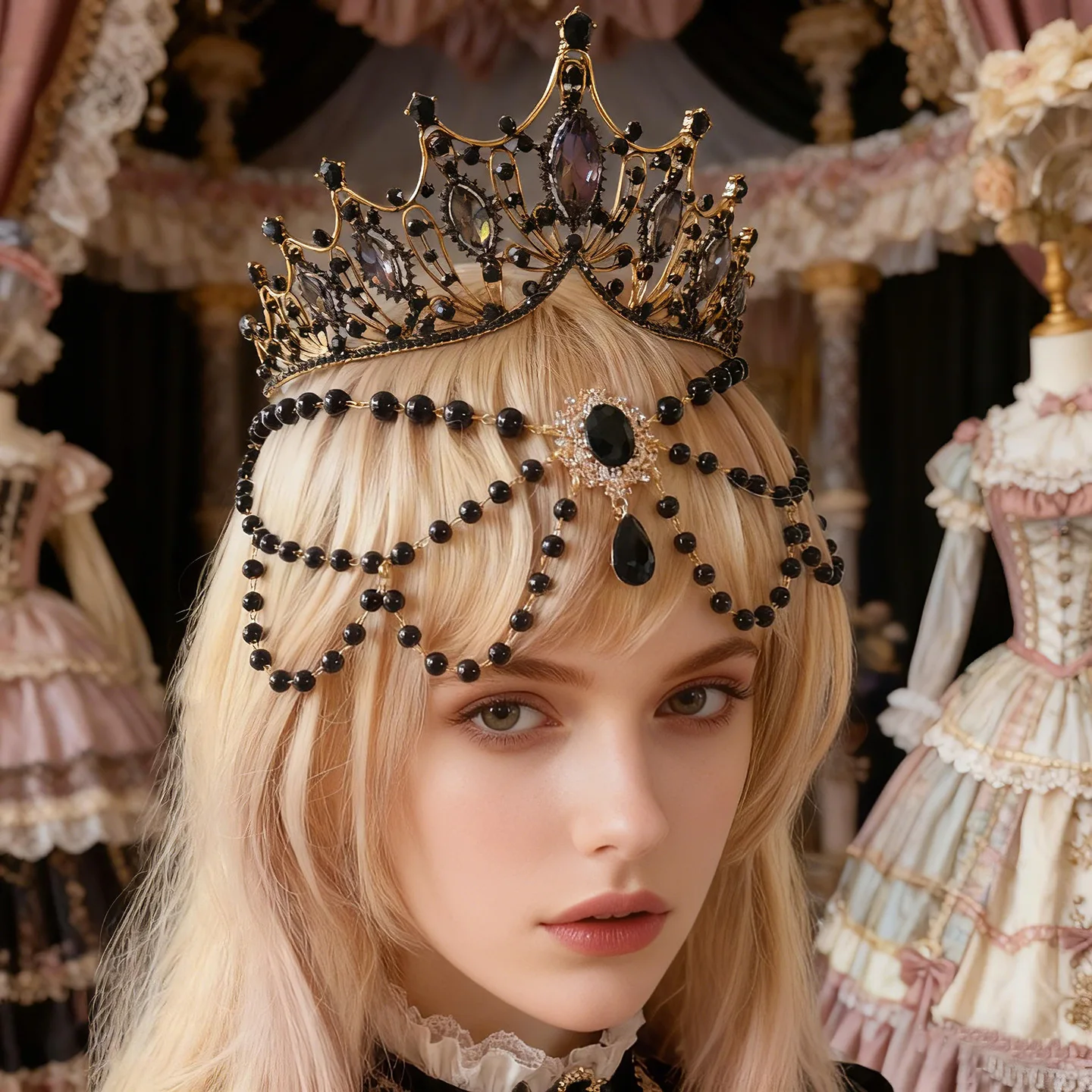 

Dark Crown Bead Necklace Forehead Ornament Cos Gothic Modeling Headdress Retro Baroque Hair Accessories