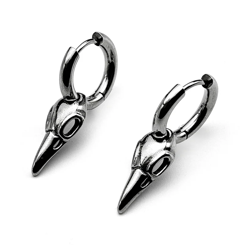 

1PC Gothic Punk Crow Skull Dangle Hoop Earrings For Women Men Stainless Steel Silver Color Hip Hop Raven Ear Studs Jewelry Gift