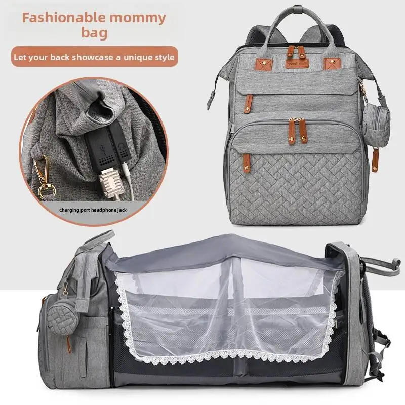 3 In 1 Diaper Bag Backpack Foldable Baby Bed Waterproof Travel Bag with USB Charge Nappy Stroller Bag with Changing Bed 3 Types