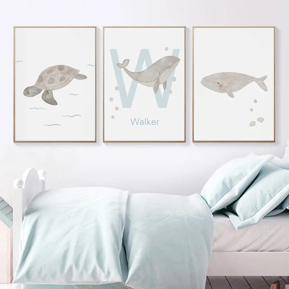 Custom Name Whale Octopus Turtle Swan Sea Animal Nursery Wall Art Canvas Painting Poster And Prints Picture Baby Kids Room Decor
