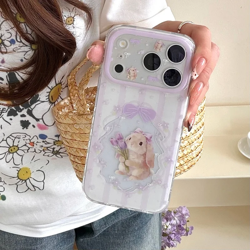 

Korean Cute Rabbit Bowknot Plating Phone Case For iPhone 17 Pro 14 15 16 Pro Max Cover Fashion Shockproof Cartoon Cases Girls Fu
