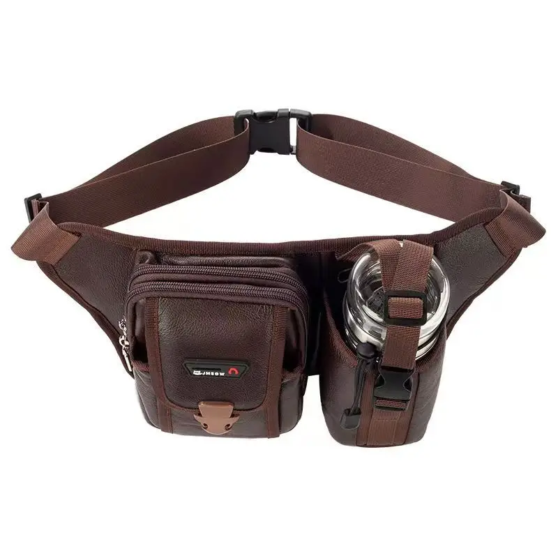 Genuine Full Grain Leather Men's Waist with Water Bottle Holder Multifunction Crossbody Chest Fanny Pack Outdoor Phone Belt Bag