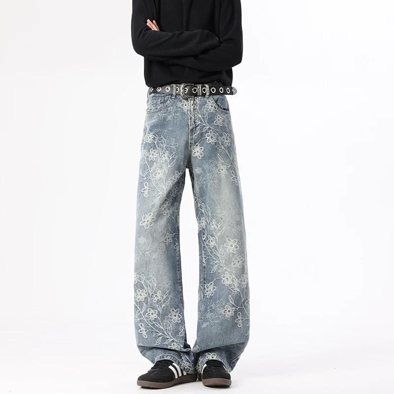 Niche Design Men's Jeans Washing Jacquard Weave Contrast Color Casual Bottom Loose Straight Wide Leg Male Spring Denim Pants