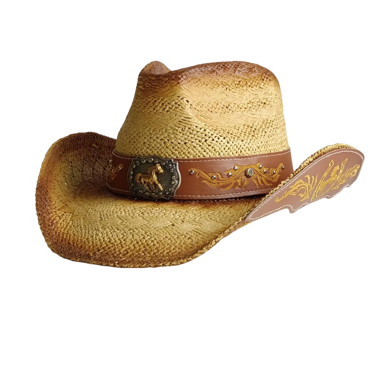 Sombrero de paja estilo vaquero con parche metálico de cabeza de caballo, accesorio para el sol, unisex, estilo western, chapéu