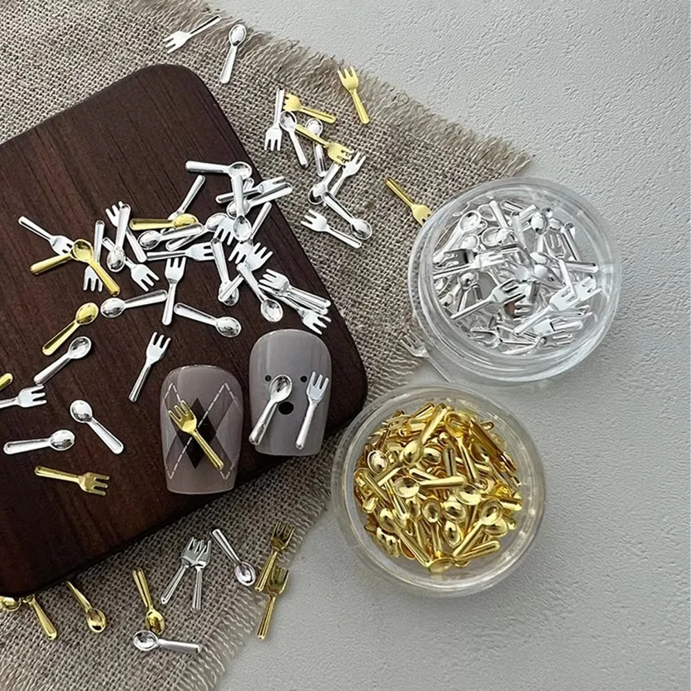 

50pcs Ins Mix Mini Nail Charms Gold Silver Metal Small Fork Spoon Nail Accessories Tableware Series Fork Nail Accessories Parts