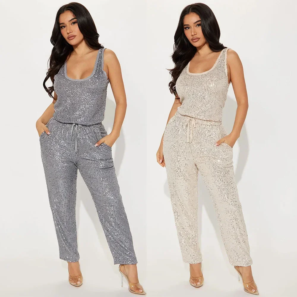 

Sexy Sequined Shiny Jumpsuit Women Elegant Sleeveless Trousers Wide Leg Pants Party Slim Fit Backless Jumpsuit Romper Overalls