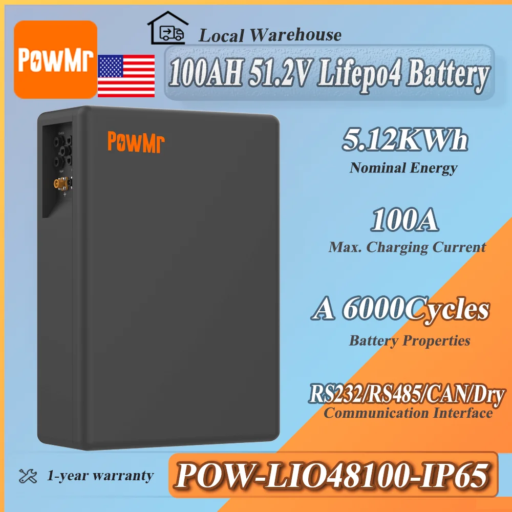 

Аккумулятор PowMr 51.2V 100Ah 5.12kWh LiFePO4 IP65, зарядка 100А, срок службы 6000+ циклов, до 16 параллельных подключений, RS232, 485CAN, настенное крепление для солнечных систем.