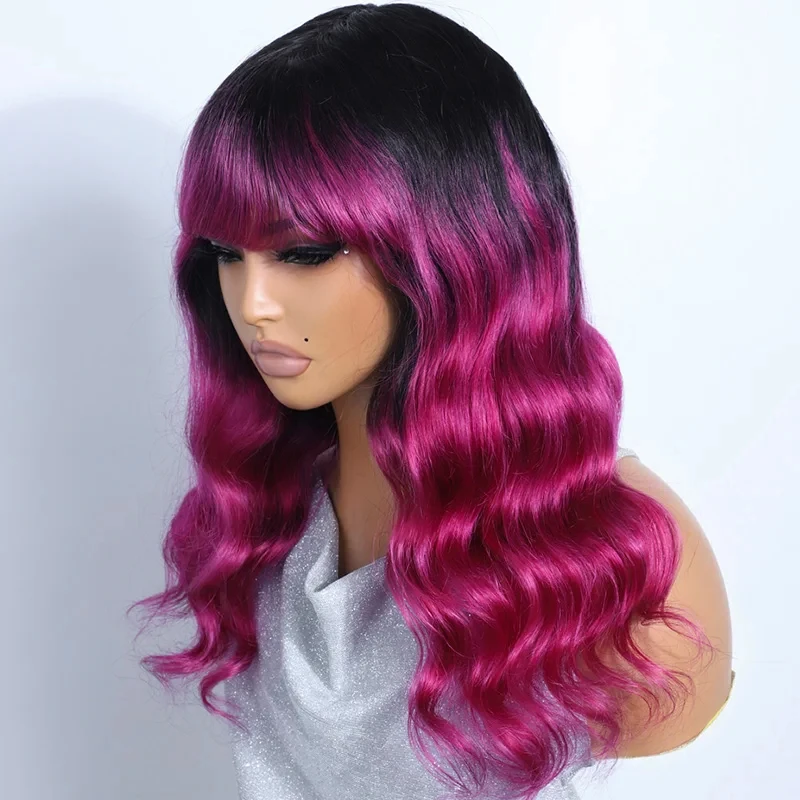 

Wear to go Ombre Pink Purple Body Wave Human Hair Wig With Bangs For Women Brazilian Remy Hair 22" Loose Deep Wavy Wig Glueless