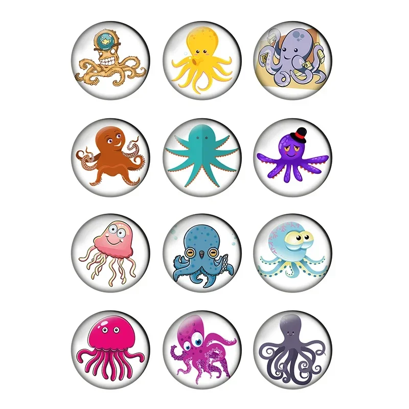 12pcs Octopus Marine Life Round Photo Glass Cabochon 8mm 10mm 12mm 16 18mm 25mm Demo Flat Back DIY Jewelry Making Supplies T053