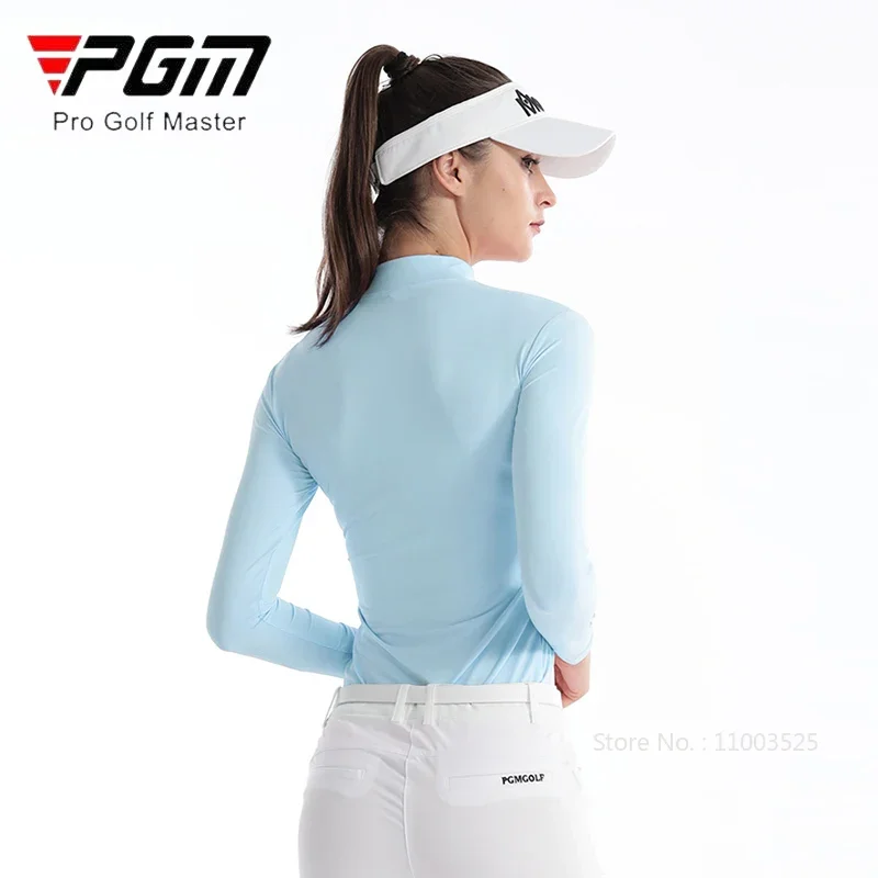 PGM Ladies Long Sleeve Elastic Golf Shirt Summer Women Sunscreen Ice Silk Sport Tops Girls Stand Collar Fast Dry Workout T-shirt