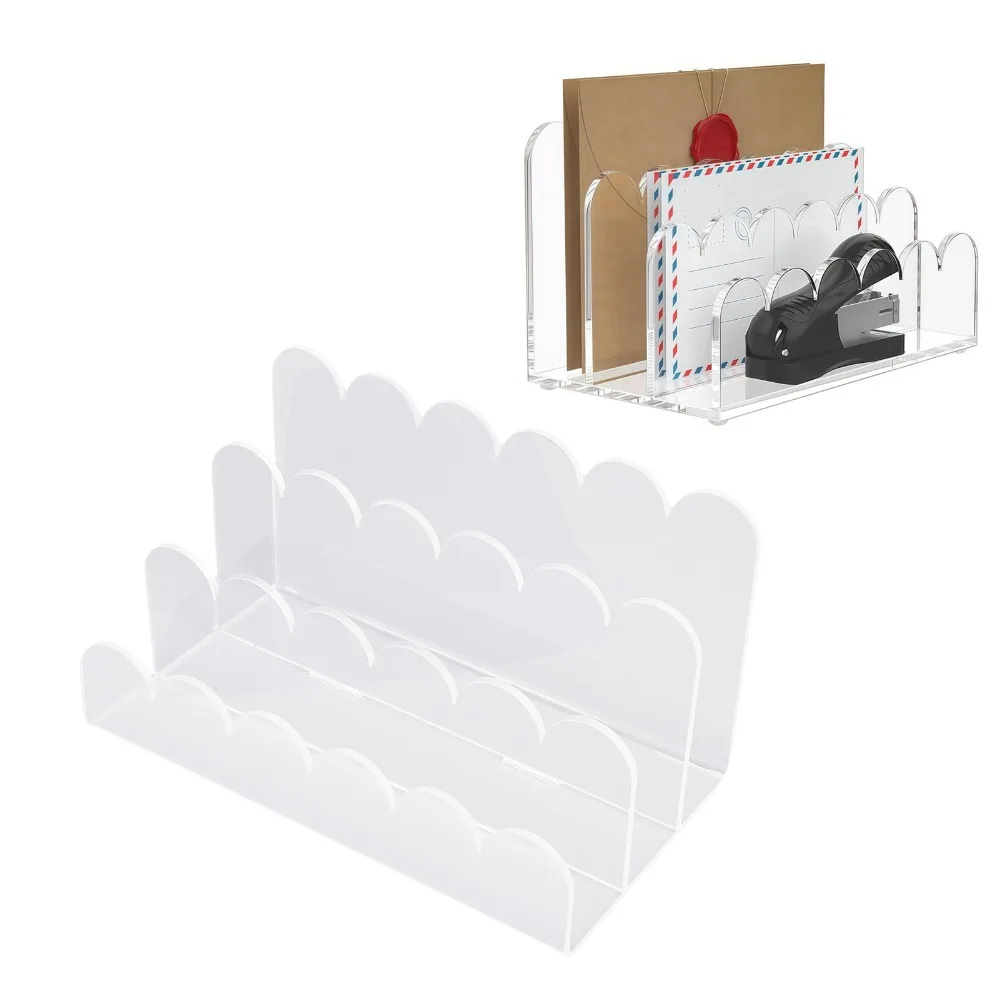 Practical 3 Compartments Acrylic Mail Organizer Scalloped Design Vertical Storage File Holder Document Sorter For Home Office