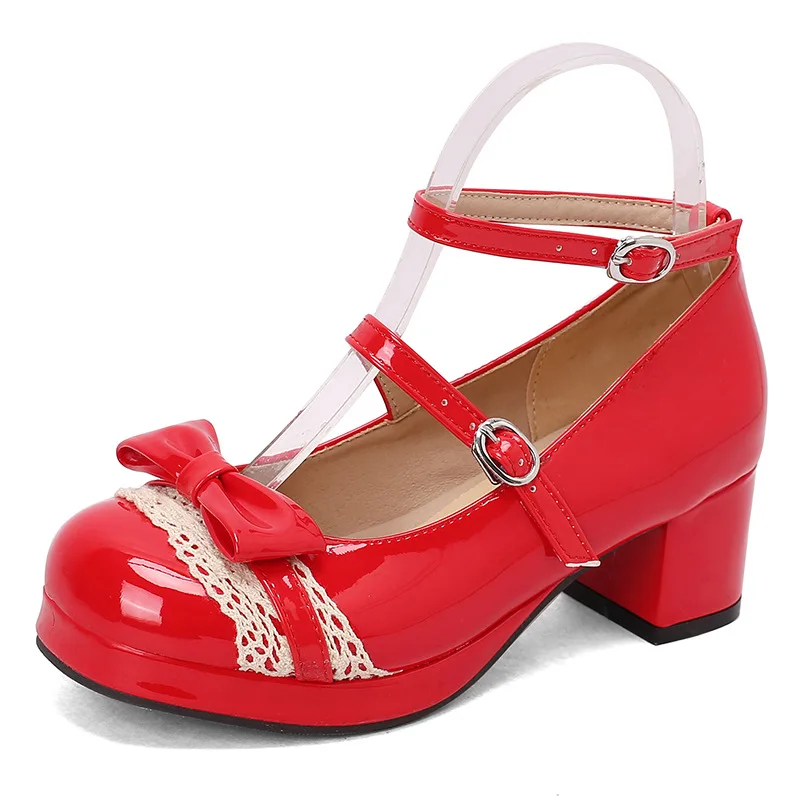 Contrast Color Bow Chunky Heel Platform Lolita Mary Jane Pumps Shallow Mouth Women Shoes