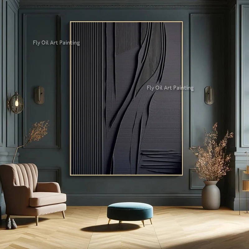 Handpainted Pure Black Texture Thick Canvas Oil Painting New Fashional Design Artwork Set Of Two Wall Art Decor For Living Room