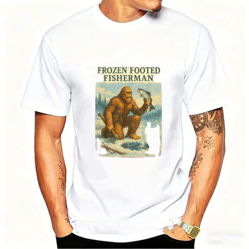 Frozen Footed Fisherman Bigfoot Funny T-Shirt Men White Graphic Tee Short Sleeve Snow Ice Axe Fish Winter Design Gift Casual