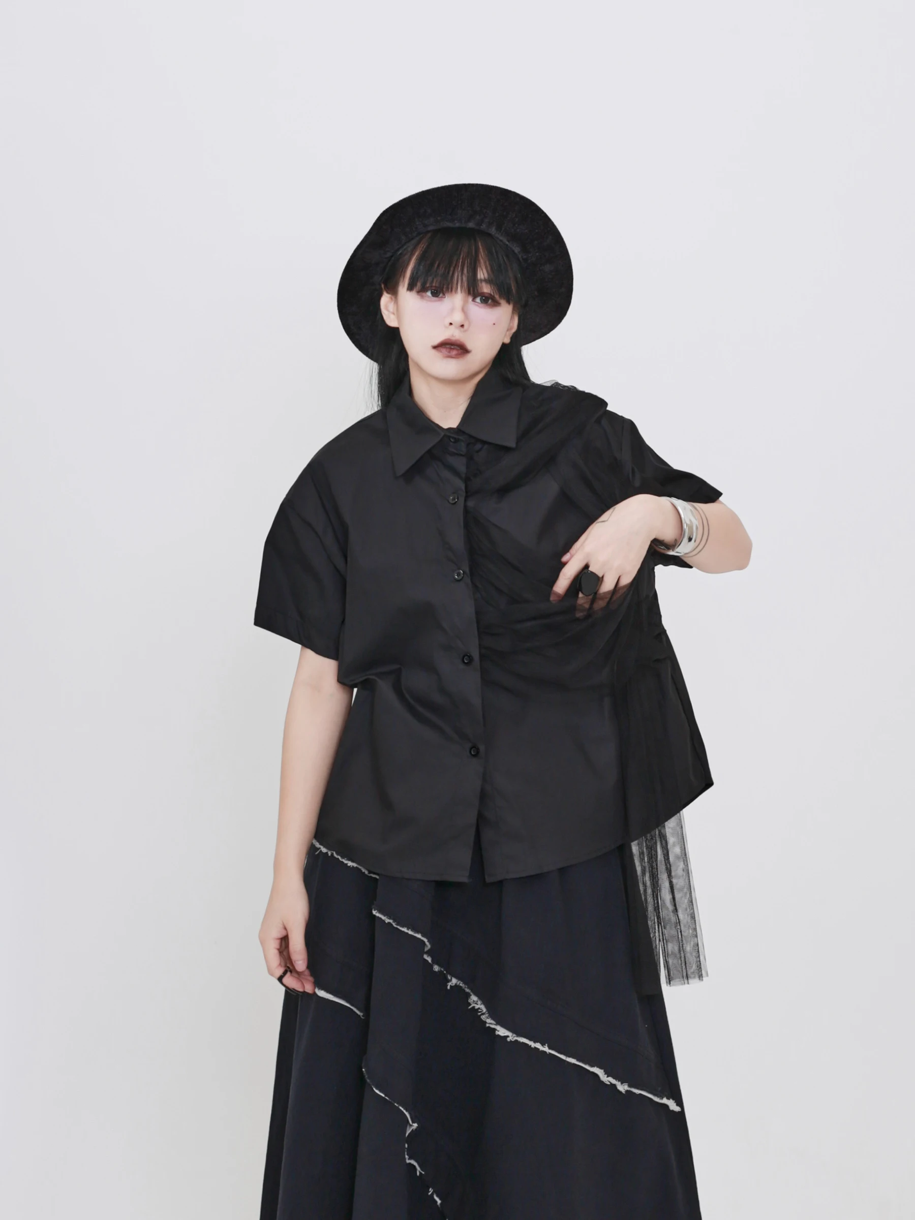 

Dark Style Mesh Wrap Splice Design Loose Women's Shirt Breathable Thin Short Sleeve Square Collar City Walk Casual Shirt