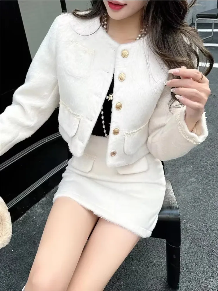 Insozkdg French New Tweed Small Fragrance Quilted Coats + Mini Skirt Suits Women Long Sleeve Stitching Fashion White 2-piece Set