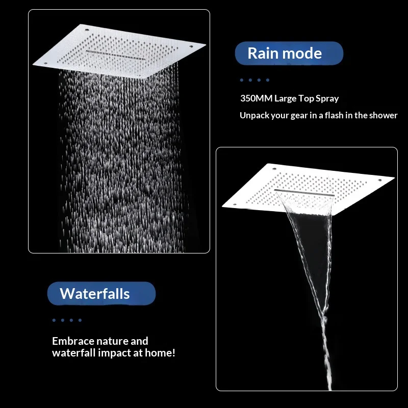 400*400 mm chrome Square Concealed Ceiling Mounted Rainfall Shower System 2-Way 304 shower head Waterfall Soft Massage Ceramic