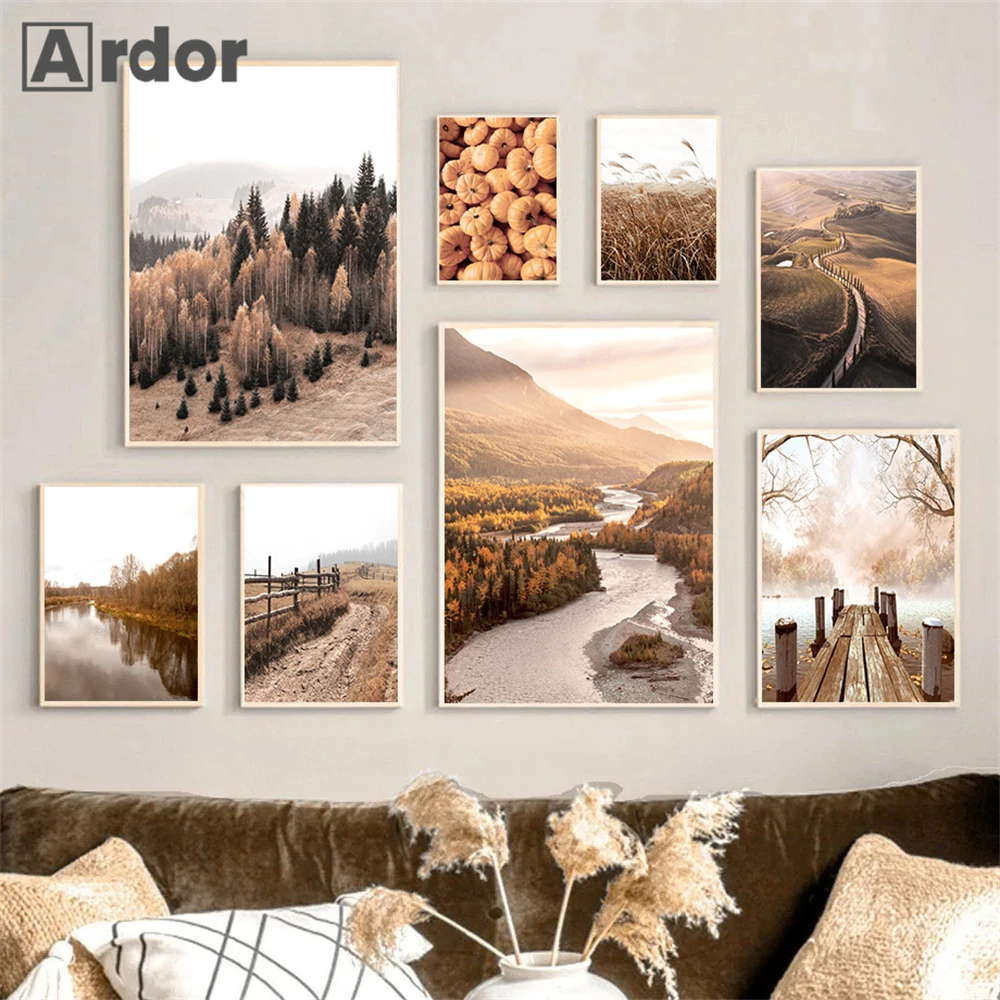 Autumn Forest Landscape Wall Art Painting Reed Canvas Poster Pumpkin Print Bridge Posters Nordic Wall Pictures Living Room Decor