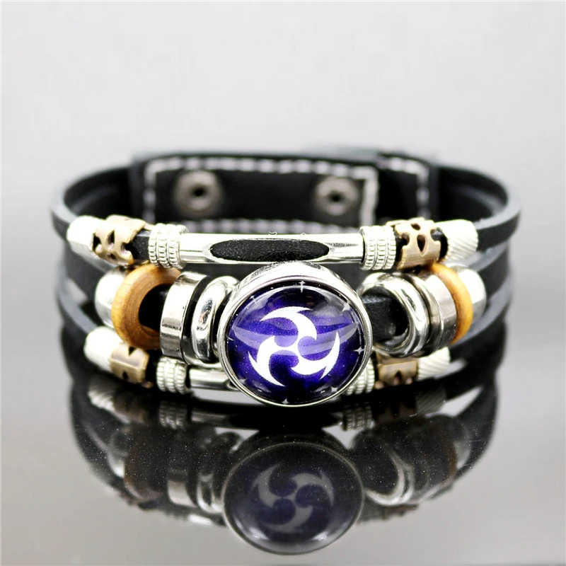 Luminous Genshin Impact Leather Bracelet Eye of God Water Wind Thunder Fire Rock Ice Element Snap Button Bracelets Jewelry Gift