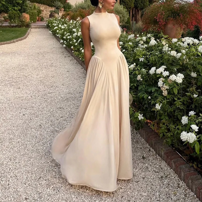 Robe longue plissée, Sexy, Slim, couleur unie, grand ourlet, élégante, ajourée, robe de bal, tempérament, col rond, sans manches